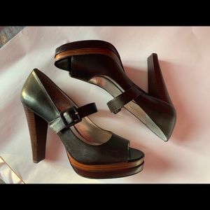 Calvin Klein Leather/Wood Platform Block Heels